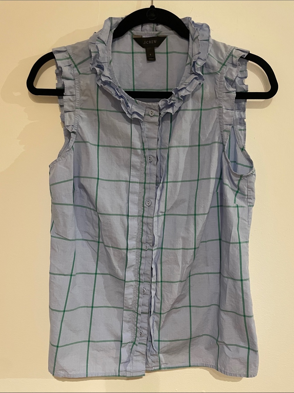 J. Crew Light Blue Sleeveless Windowpane Ruffle Collar Blouse